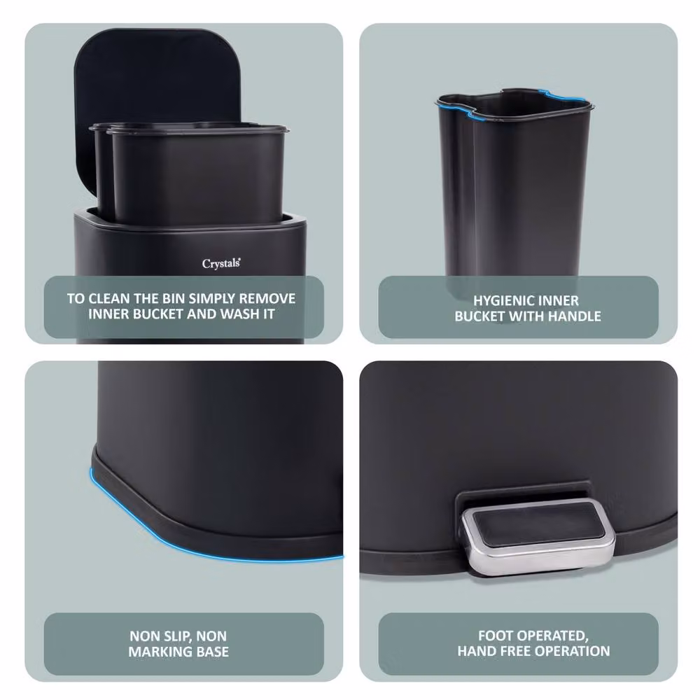 Crystals Black 3L Soft-Close Stainless Steel Pedal Bin with Removable Inner Bucket – 4