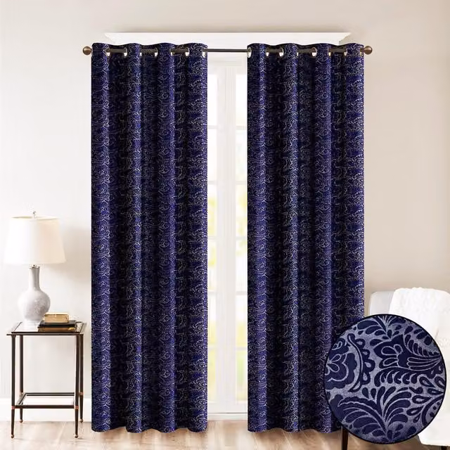 Roseley Blue Floral Opaque Eyelet Fabric Panel Curtains