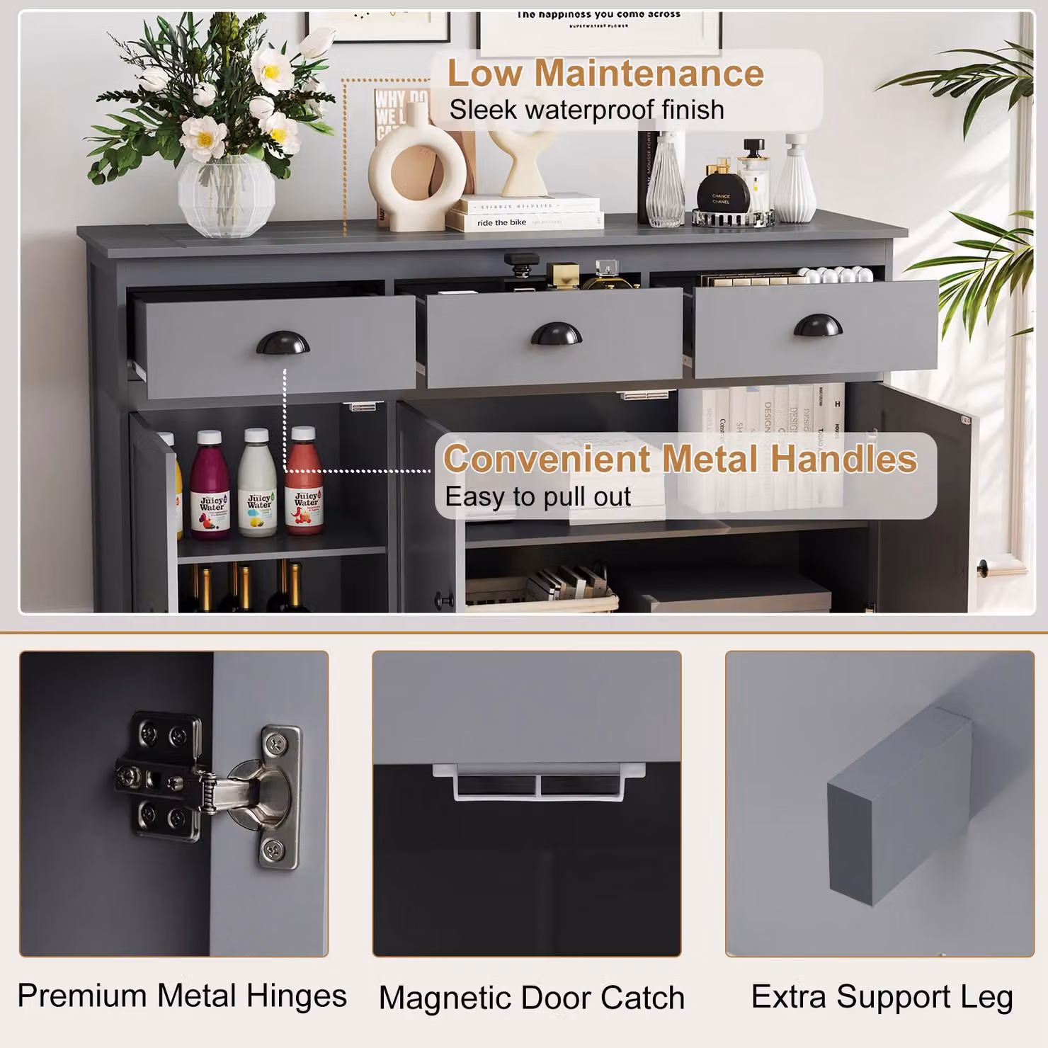 Gymax Modern Buffet Sideboard and Bar Station in Grey with 3 Drawers and 3 Doors, W: 136 cm, H: 86 cm – 4