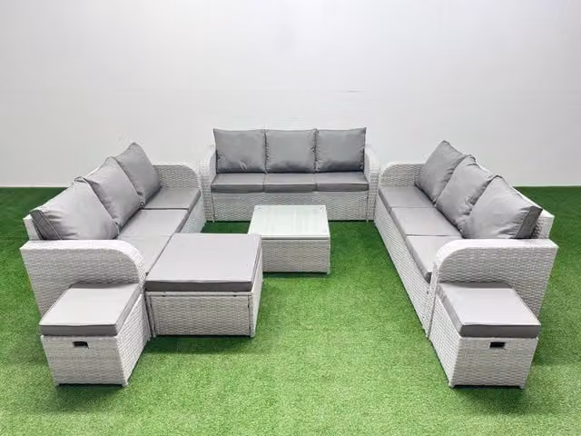 Fimous 12 Seater PE Rattan Outdoor Garden Furniture Set in Light Grey with 3 Seater Sofa, Square Coffee Table and 3 Stools