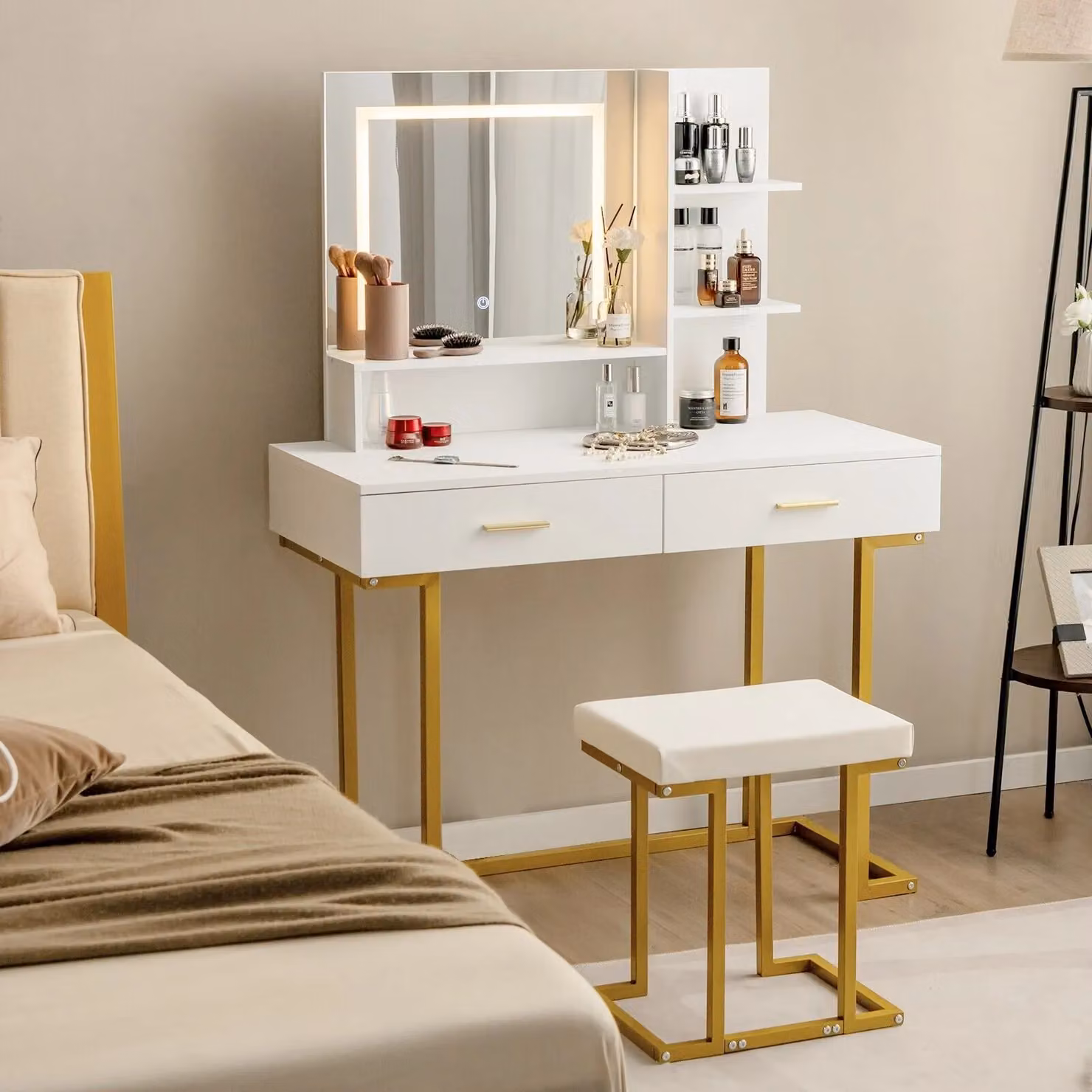 Gymax Vanity Table Set with Cushioned Stool and 3-Colour LED Hollywood Mirror in White – 2