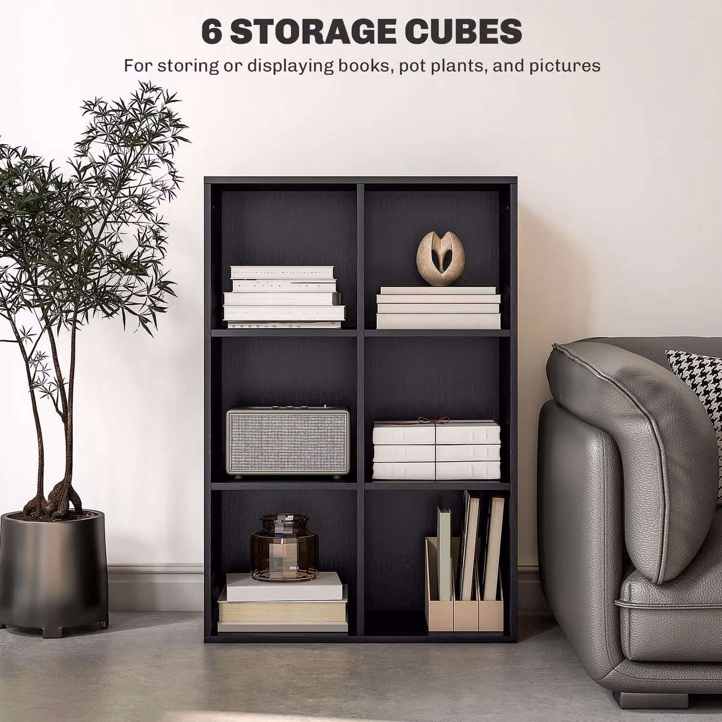 HOMCOM Six-Cube Freestanding Bookcase in Black Wood Effect – 5