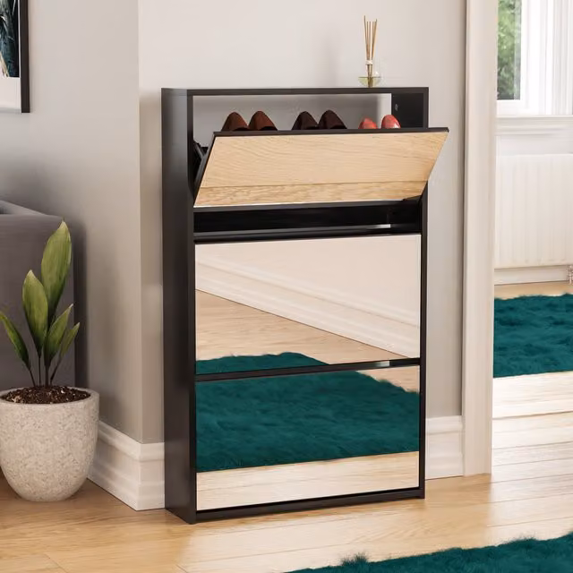 Vida Designs Modern Black Matt Mirrored Shoe Cabinet with Glass Doors and Tilting Compartments