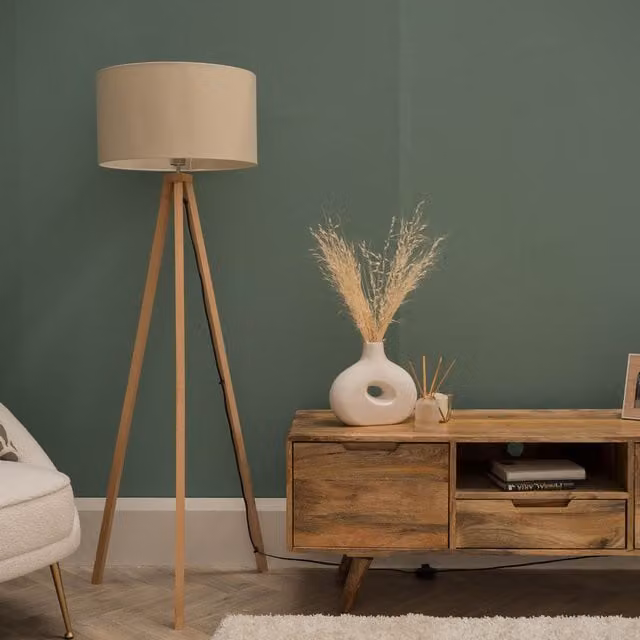 ValueLights Barbro Minimalist Wooden Tripod Floor Lamp with Beige Fabric Cylinder Shade