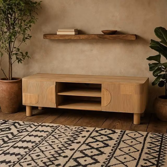 Wyld Haus Buffalo Natural Mango Wood 2 Door TV Unit in Brown, W/D/H: 120 x 40 x 45 cm – 1