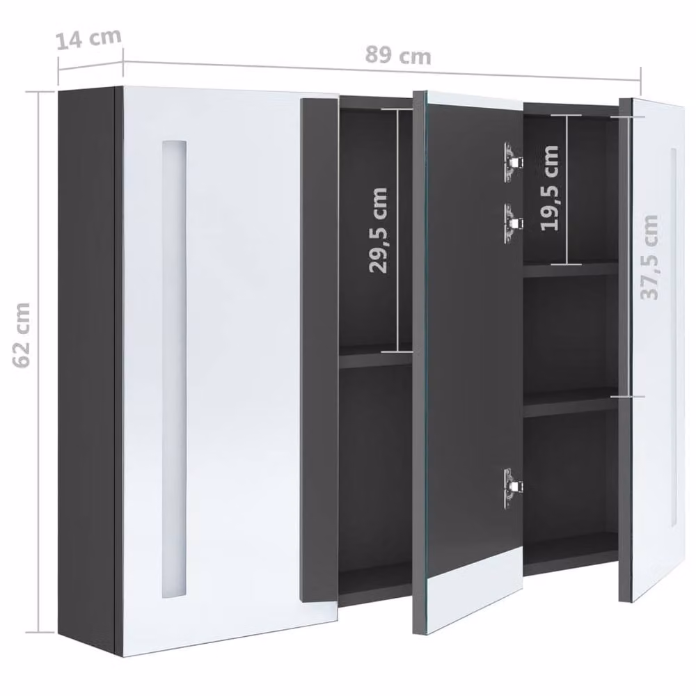 Berkfield Home LED Bathroom Mirror Cabinet in Grey, W/D/H: 89 x 14 x 62 cm – 5