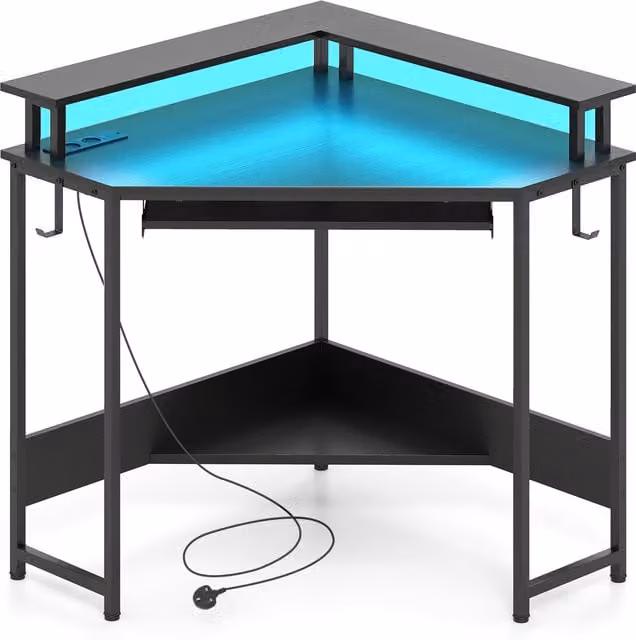 COSTWAY Modern Black Corner Desk with Charging Station and Matt Metal Finish
