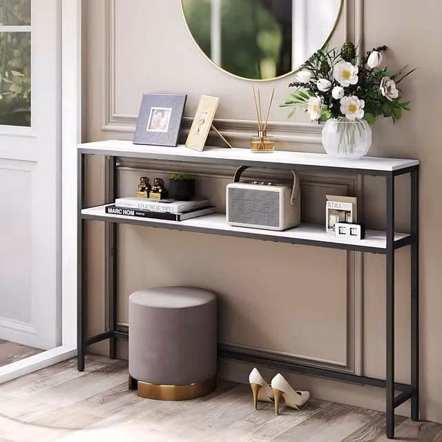 The Bazaarist 2 Tier Modern Console Table with Storage Shelves in White and Black