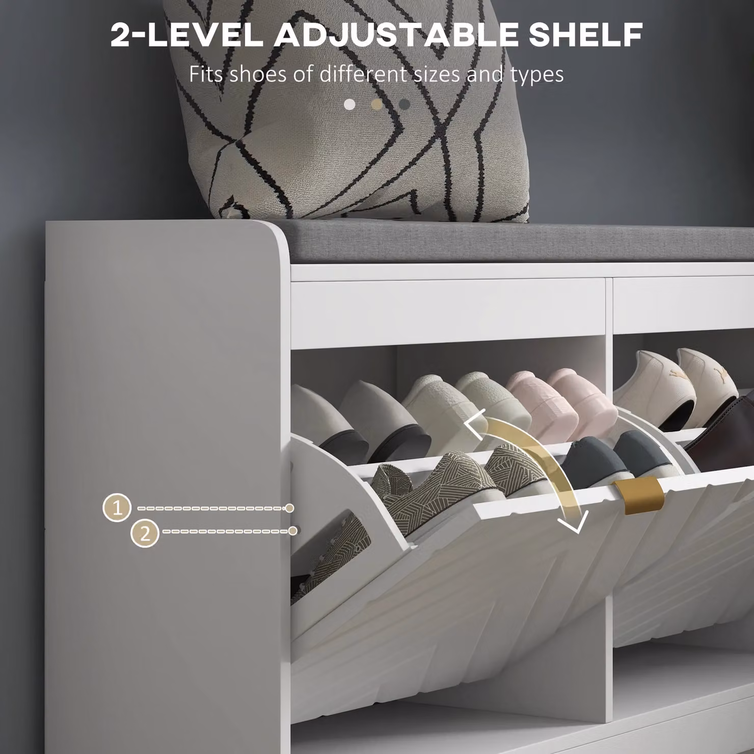HOMCOM Shoe Storage Bench with 2 Flip Drawers, Cushion and 2 Vents in White and Gold – 4