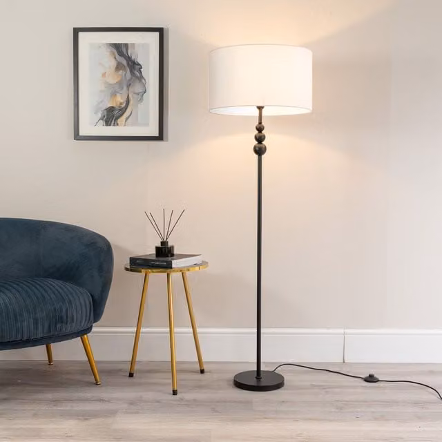 ValueLights Matt Black Stacked Ball Floor Lamp with White Fabric Drum Shade and LED Bulb – 1