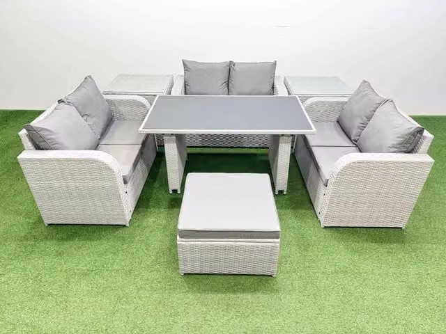 Fimous 7 Seater Rattan Garden Furniture Set with 2 Side Tables and Large Stool in Light Grey