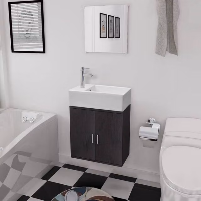 Berkfield Home Modern Three Piece Matt Black Bathroom Furniture and Ceramic Basin Set including Vanity Unit, Mirror Cabinet and Wall Cabinet – 1