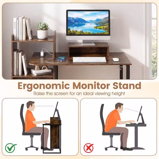 Costway Brown Computer Study Desk with Monitor Stand and Charging Station, Width: 110 cm