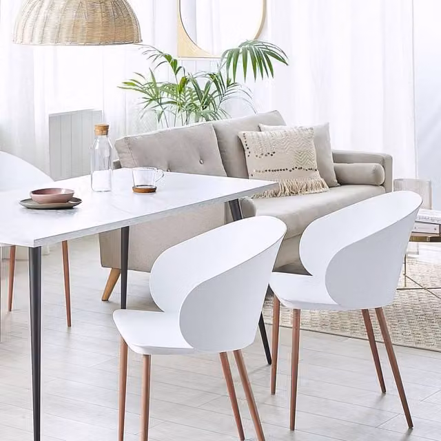 Wyld and Coco Set of 2 Modern Dining Chairs with White Synthetic Leather Seats and Light Wood-Effect Metal Legs