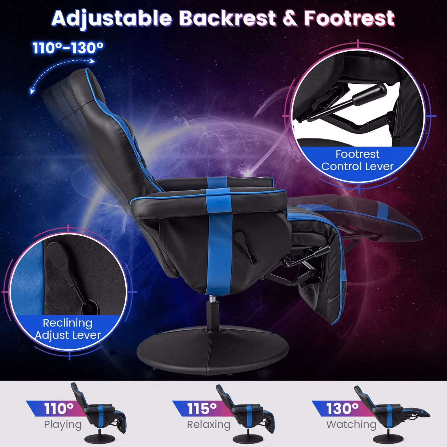 Gymax Blue PU Leather Massage Gaming Chair with Adjustable Height, Swivel Recliner and Headrest – 7
