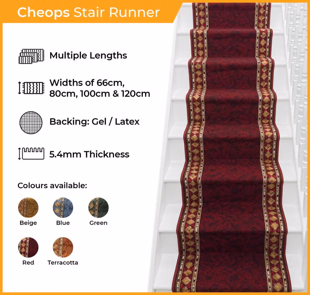 runrug Cheops Stair Runner Carpet, Red, W: 66 cm, L: 600 cm – 2