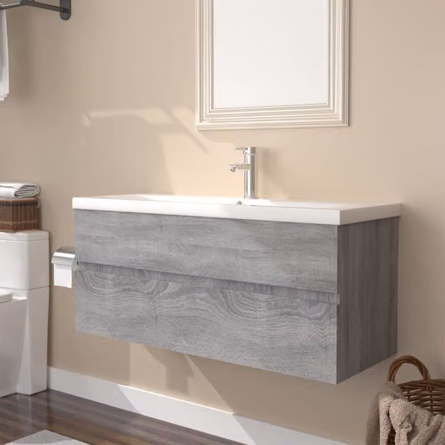 Berkfield Home Wall Mounted Bathroom Sink Cabinet in Grey Sonoma with Built-in Basin and Internal Drawers – 1
