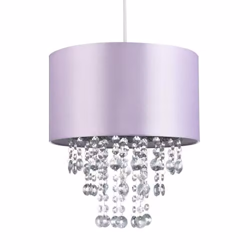 Happy Homewares Modern Round Lilac Satin Fabric Pendant Light Shade with Transparent Acrylic Droplets, Diameter: 30 cm – 1