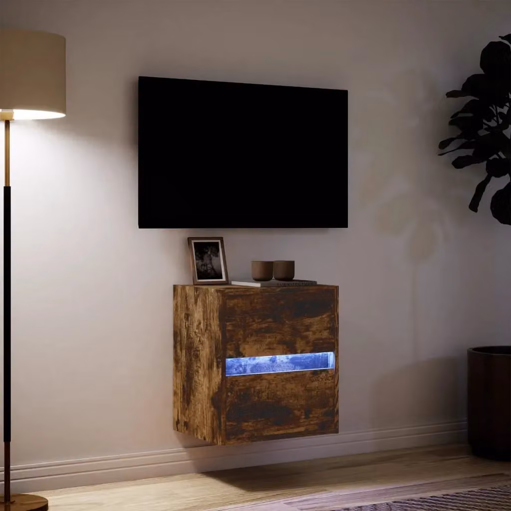Berkfield Home Modern Wall Mounted TV Cabinet with Integrated LED Lights in Smoked Oak Brown, W: 41 cm, D: 31 cm, H: 45 cm – 4