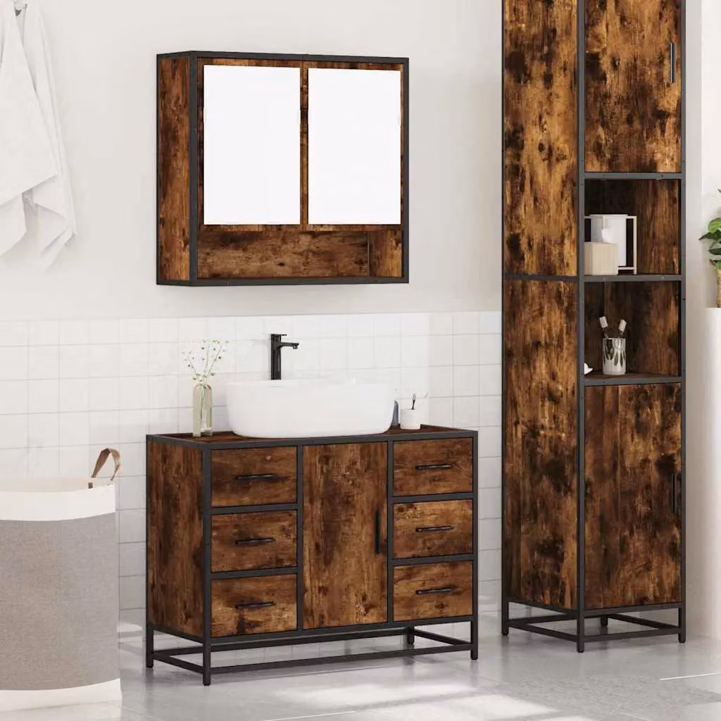 Berkfield Home 2 Piece Industrial Bathroom Furniture Set in Smoked Oak Brown featuring Vanity Unit and Mirror Cabinet – 3