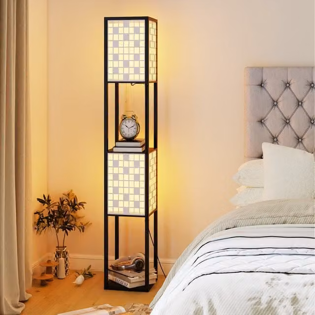 COSTWAY Modern 2-Light Black and Wood Shelf Floor Lamp