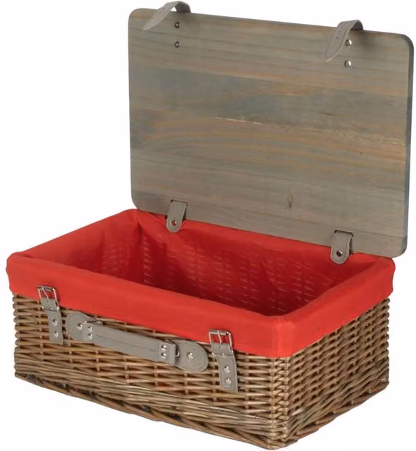 Red Hamper Antique Wash Red Lined Willow Empty Picnic Basket with Pinewood Lid