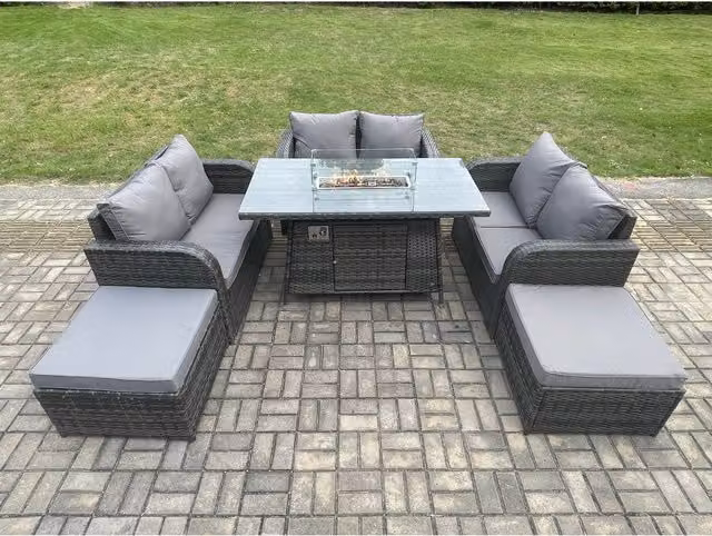 Fimous 8 Seater Rattan Outdoor Garden Set with Gas Fire Pit and 2 Footstools in Dark Grey