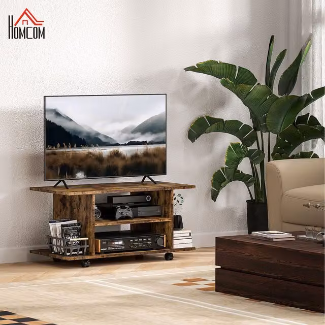 HOMCOM Modern Brown 3 Tier TV Cabinet Stand with Storage Shelves and Wheels
