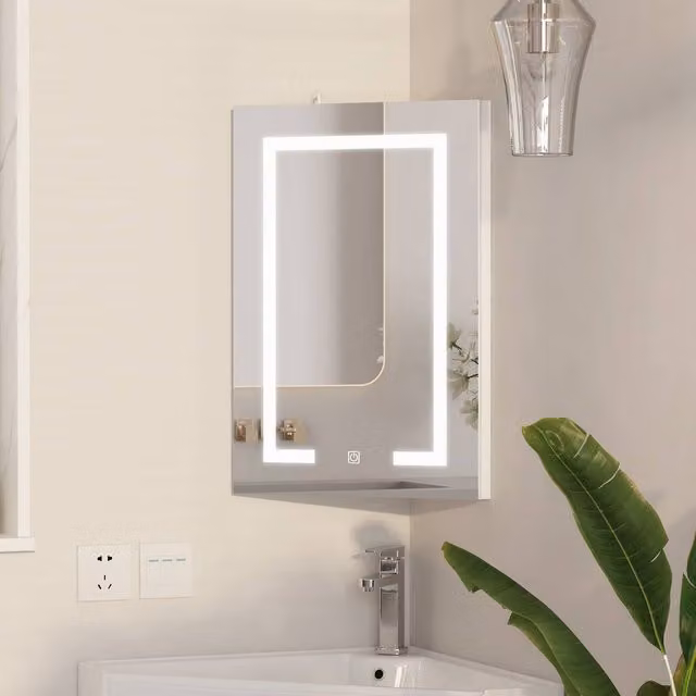 KEEPREAPER LED Corner Bathroom Mirror Cabinet in White, W/H: 40 x 60 cm – 1