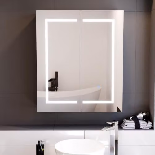 Nes Home White LED 2-Door Bathroom Mirror Cabinet with Sensor Switch, W: 60 cm, H: 70 cm, D: 15.3 cm – 1