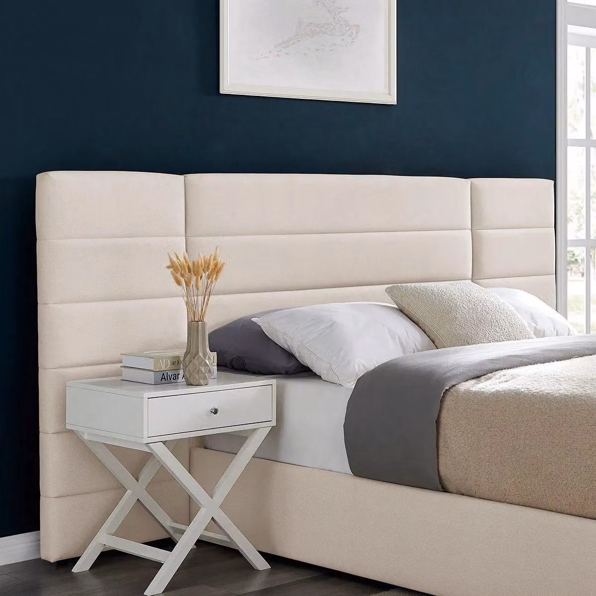 Modish Furnishing Amara King Size Ottoman Storage Bed with Wide Panel Fabric Headboard in Beige – 3