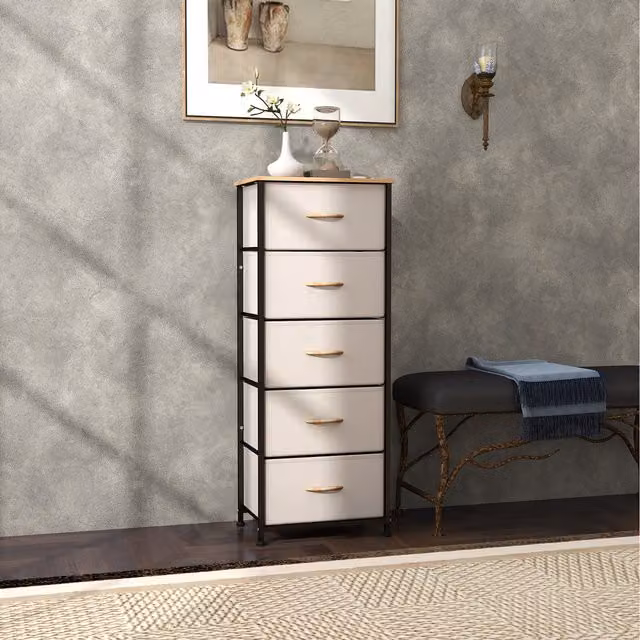 HOMCOM Modern Chest of Drawers with 5 Fabric Drawers and Steel Frame, Beige