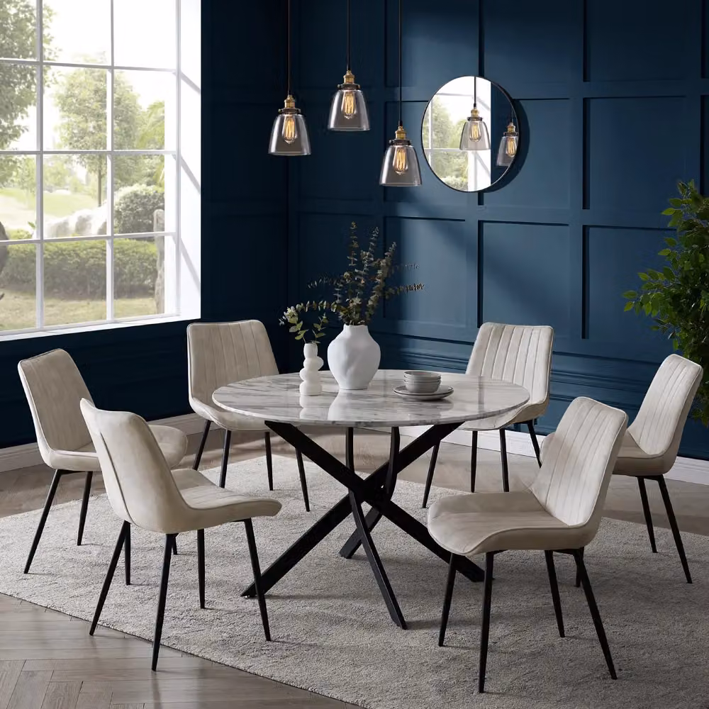 Home Detail Morag Round Marble Effect Dining Table in White with Black Legs, Diameter: 120 cm – 4