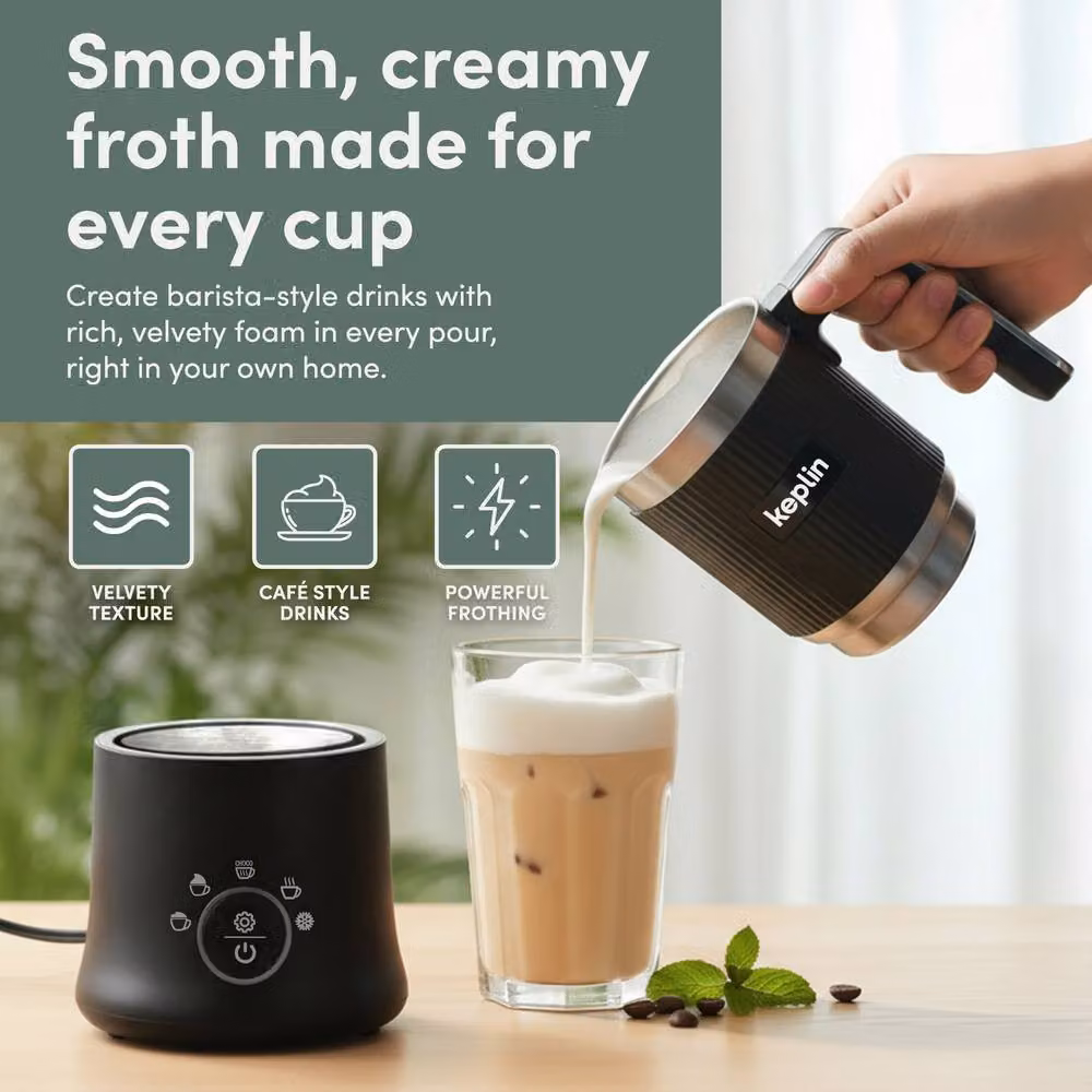 Keplin 5-in-1 Electric Automatic Milk Frother with Stainless Steel Jug, 350ml, Black – 5