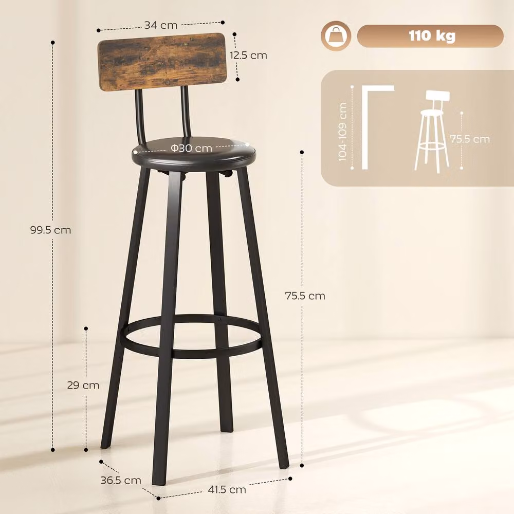 STILVORA Set of 2 Black Faux Leather Bar Stools with Metal Frame – 2