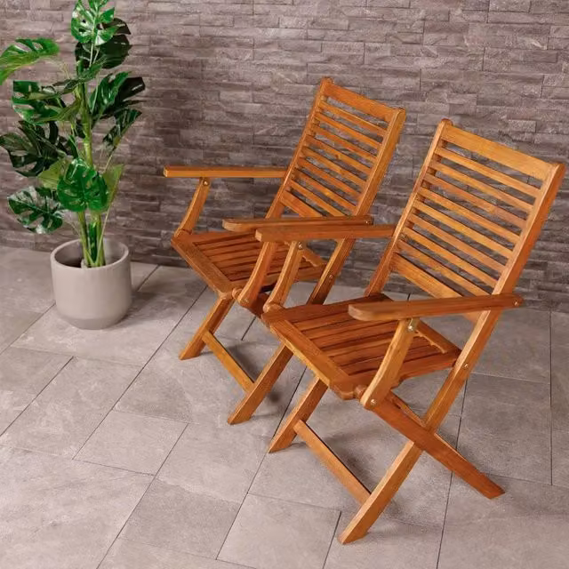 Charles Bentley Pair of Foldable Acacia Wood Outdoor Dining Armchairs in Natural Brown