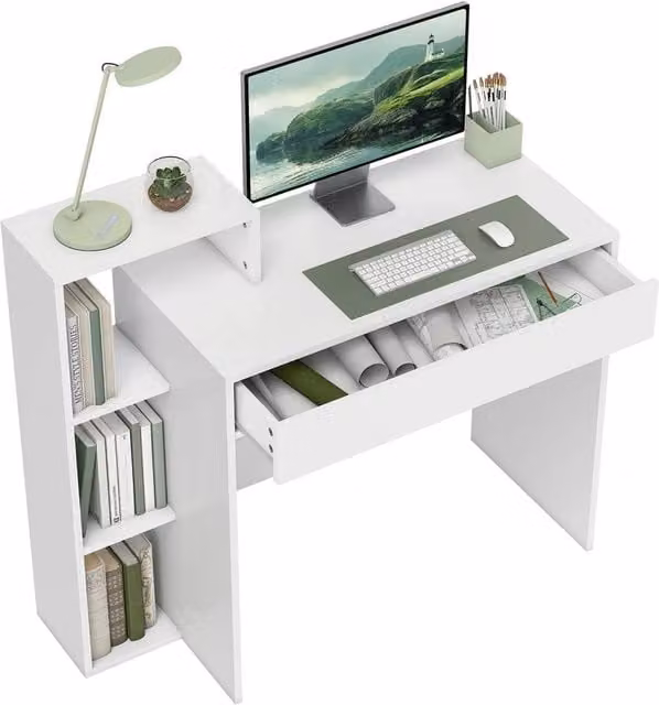 Nordara White Modern Computer Desk with Single Pedestal and Matt Finish, W: 150 cm, D: 45 cm, H: 90 cm – 1