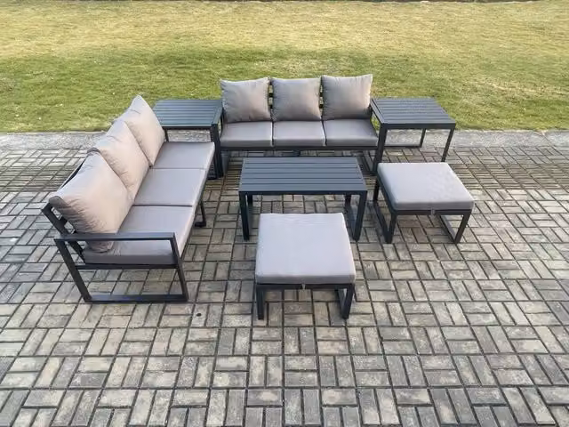 Fimous Dark Grey Aluminium Outdoor Lounge Sofa Set with Oblong Coffee Table, 2 Footstools and 2 Side Tables