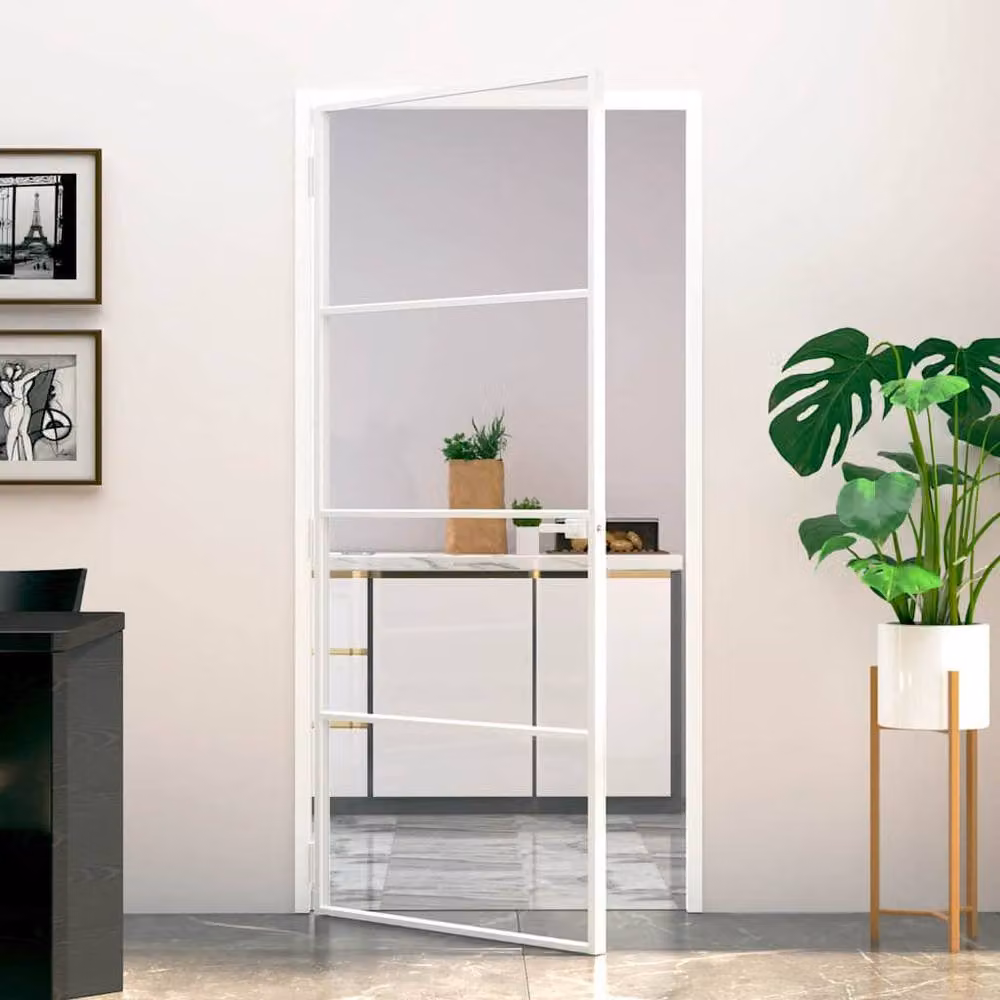 Berkfield Home Modern Slim Interior Door in White with Tempered Glass and Aluminium, W: 93 cm, H: 201.5 cm – 2