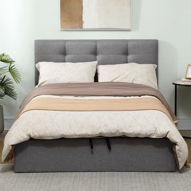 HOMCOM Upholstered Ottoman Bed Frame with Gas Lift Base and Tufted Headboard, Grey, W/D/H: 140 x 200 cm