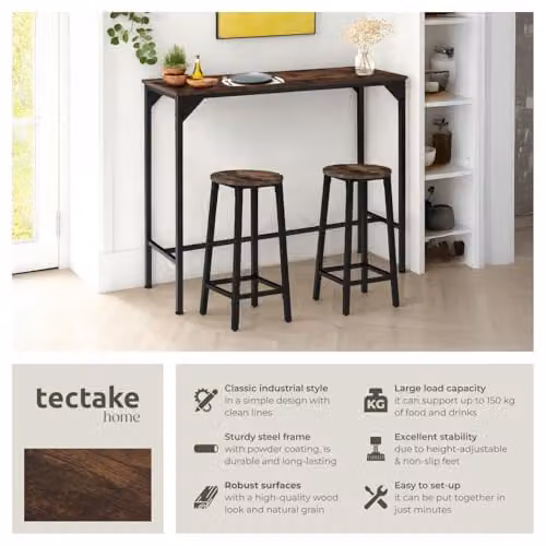 tectake Height-Adjustable Industrial Dining Table with MDF Laminate Top in Brown, W/D/H: 150 x 40 x 100.5 cm – 3