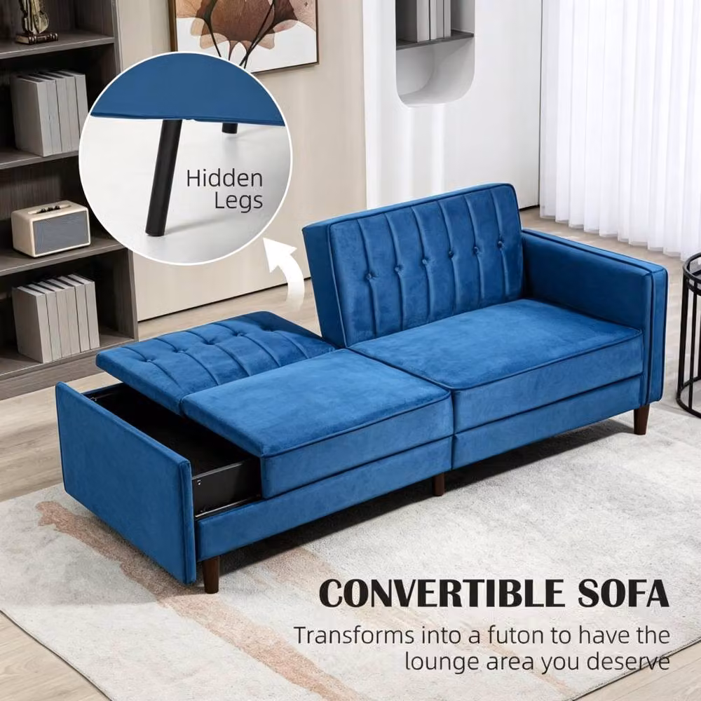 STILVORA 3-Seater Blue Fabric Sofa Bed with Split Reclining Back and Adjustable Headrests – 5