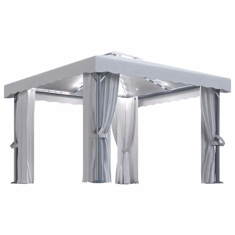 Berkfield Home Gazebo with Curtains and LED String Lights, Cream White and Beige, W/D: 3 x 3 m
