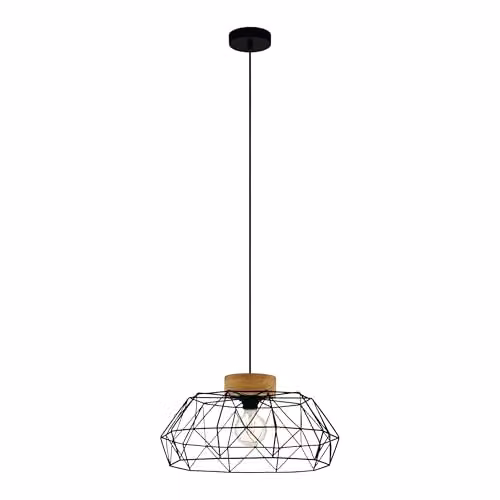Eglo Padstow Industrial Geometric Pendant Light in Black and Wood – 1