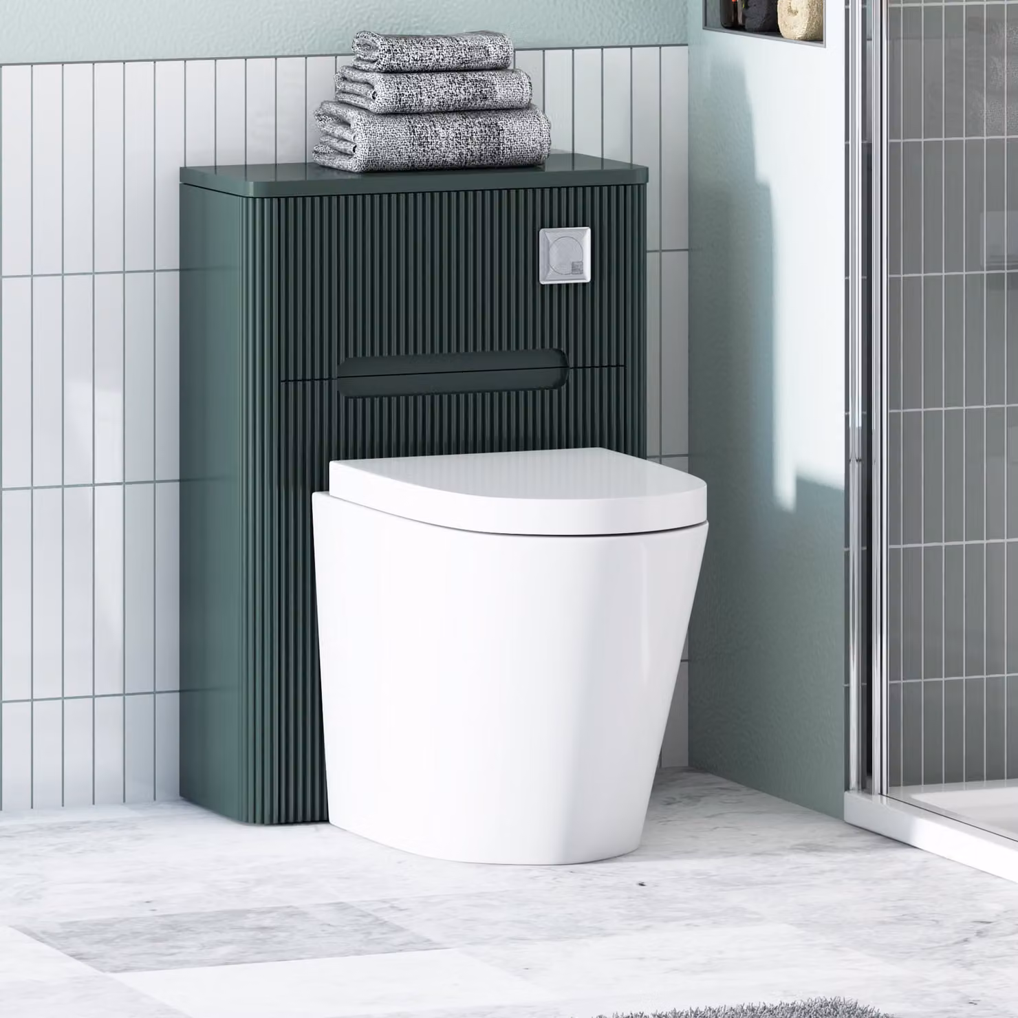 Avenza Moss Green Wall Mounted Ceramic WC Unit with Rimless Soft Close Toilet Seat