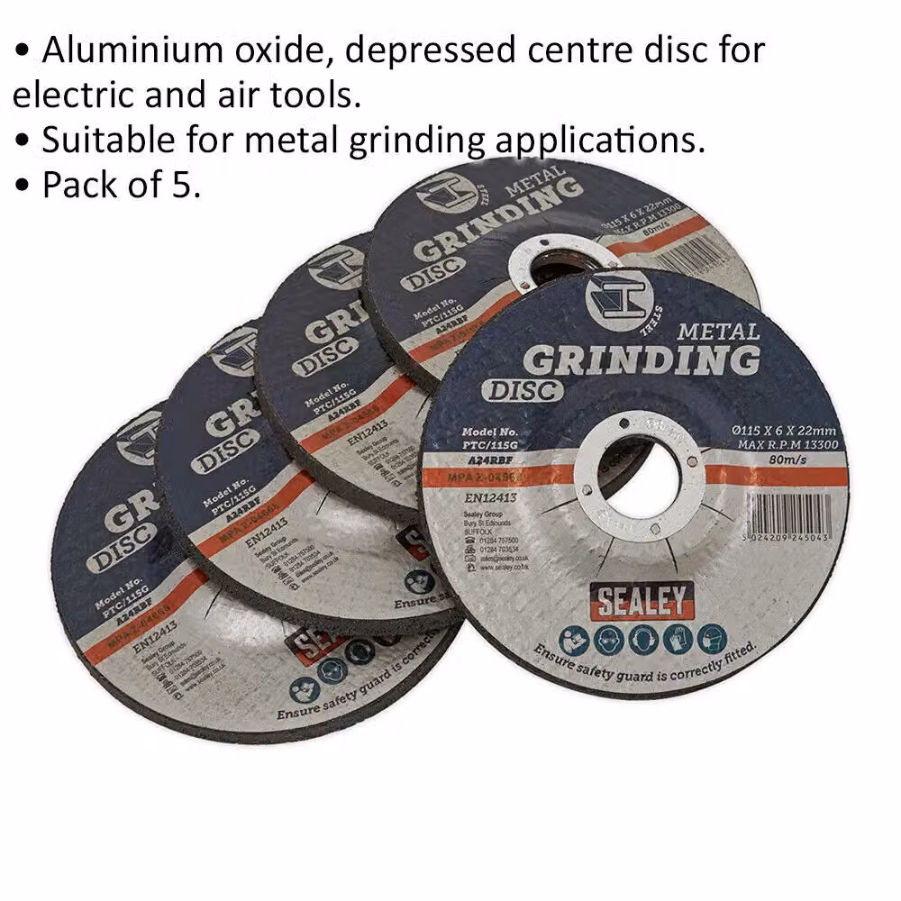 Loops 5 Pack Aluminium Oxide DPC Metal Grinding Discs, Multicolour, Diameter: 115 mm, Thickness: 0.75 mm, Bore: 22 mm – 2