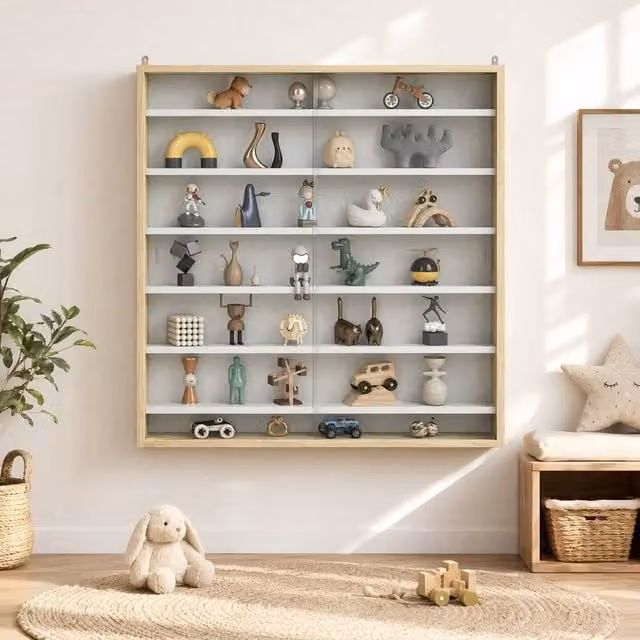 STILVORA Wall Mounted Display Cabinet with Glass Sliding Doors and Internal Shelves in Brown Oak
