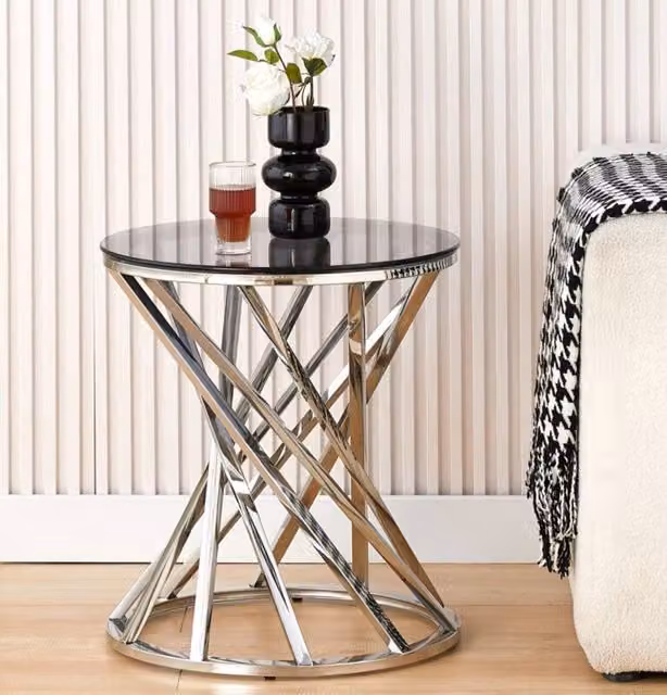 Comfy Living Ltd Round Geometric Metal Side Table with Tinted Tempered Glass Top in Silver, W/D/H: 50 x 50 x 55 cm – 1