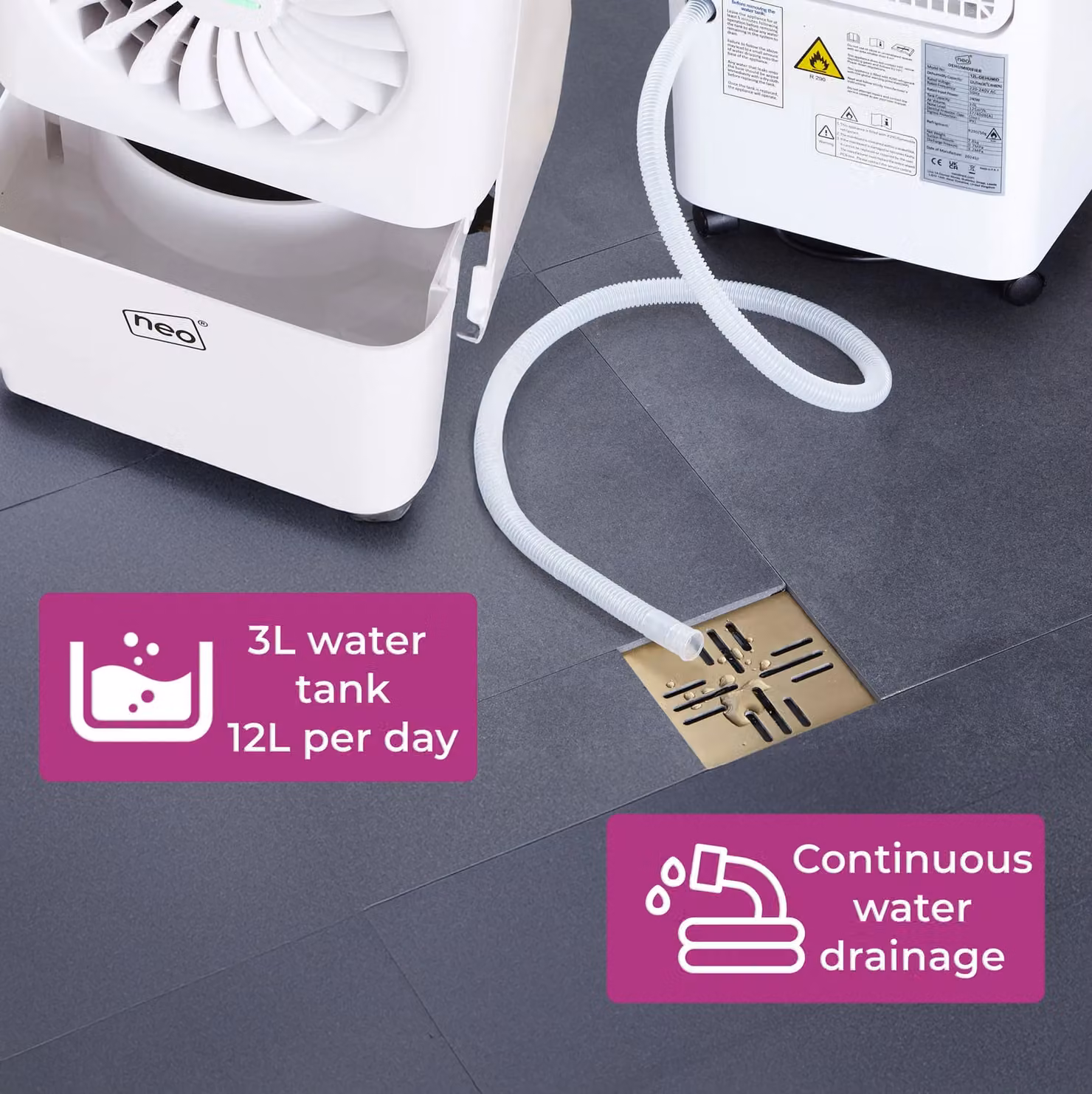 Neo 12L Per Day Dehumidifier in White with LED Digital Display, 3L Water Tank, Sleep Mode, 24H Timer and Continuous Drainage – 3