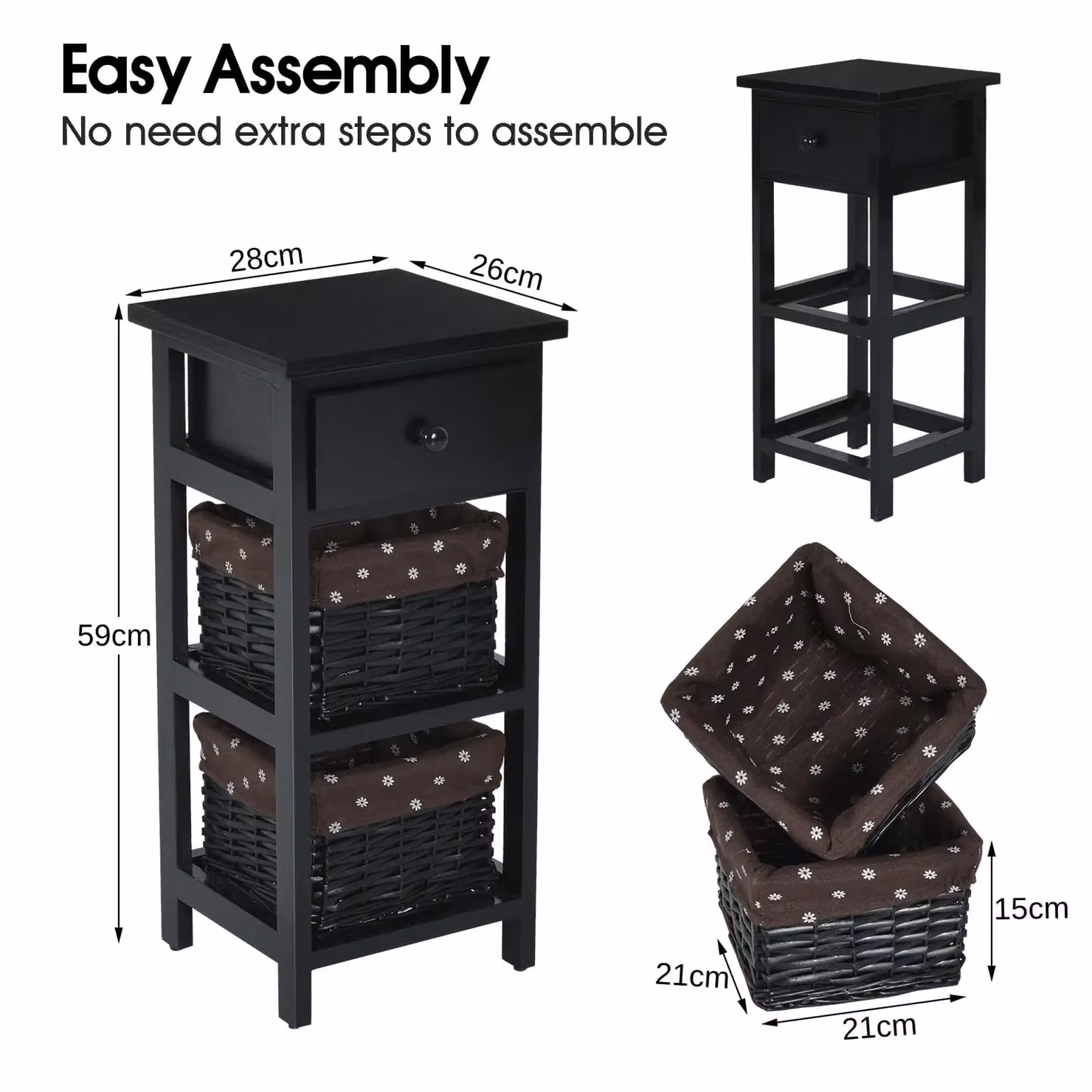 Costway Set of 2 Black 3-Tier Chest of Drawers Nightstands with 2 Rattan Baskets – 2